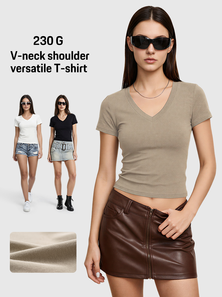230G Women Lycra Cotton V Collar T-shirt