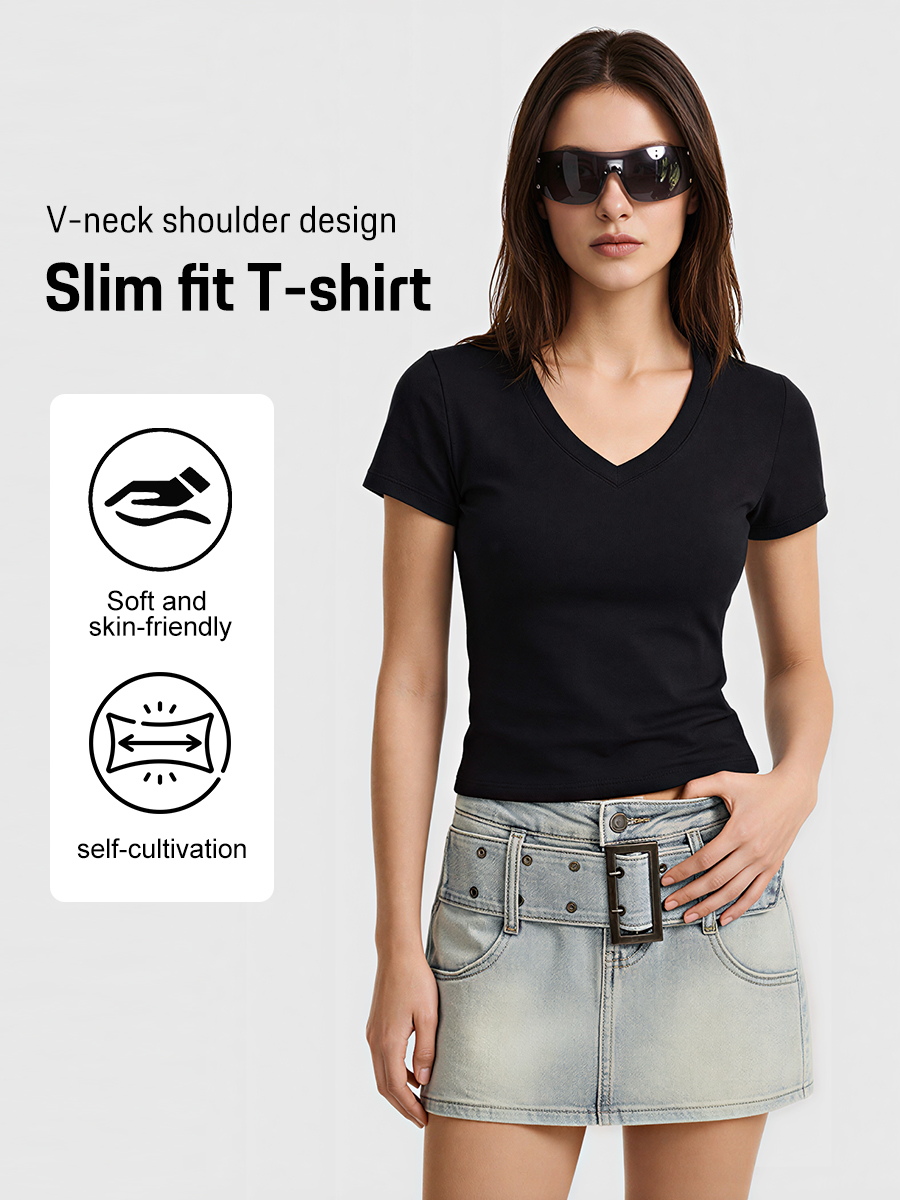 230G Women Lycra Cotton V Collar T-shirt
