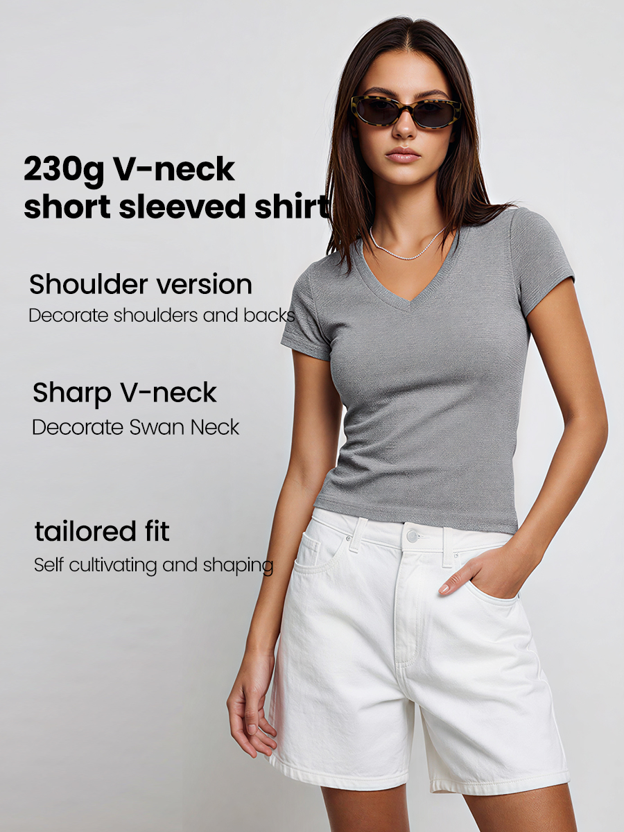 230G Women Lycra Cotton V Collar T-shirt