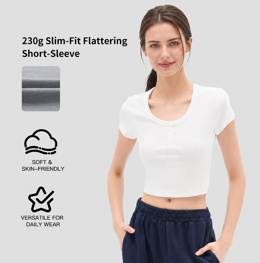 1(1) Women's Soft Stretch Cotton Short Sleeve Crew Neck Button Top