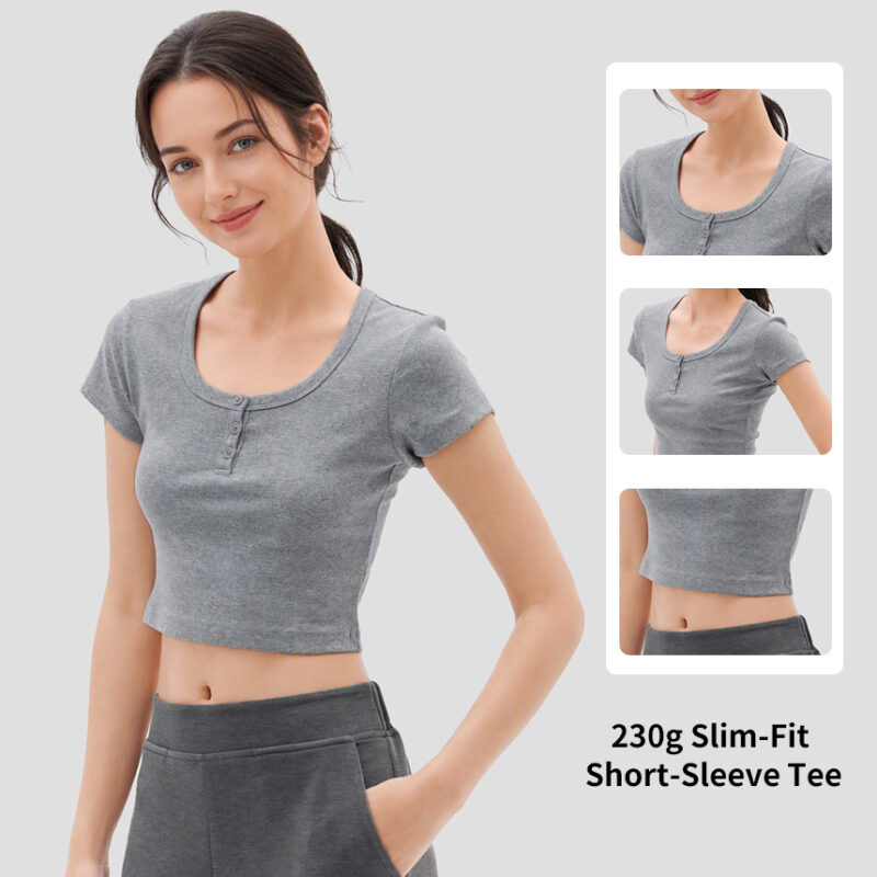 Women's Soft Stretch Cotton Short Sleeve Crew Neck Button Top