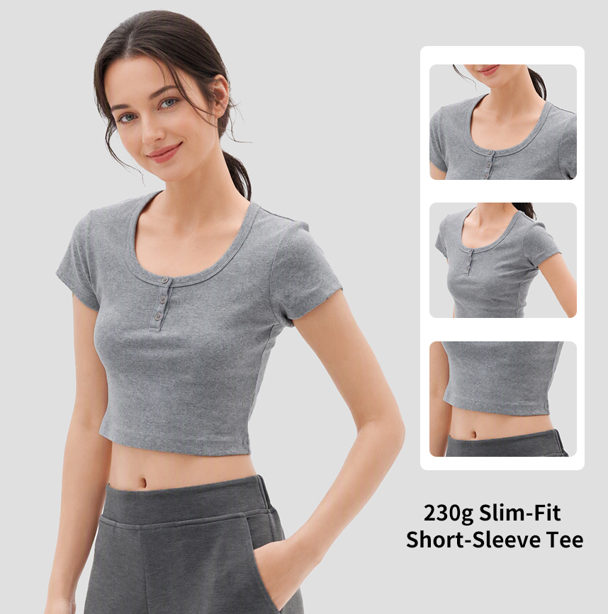 Women's Soft Stretch Cotton Short Sleeve Crew Neck Button Top