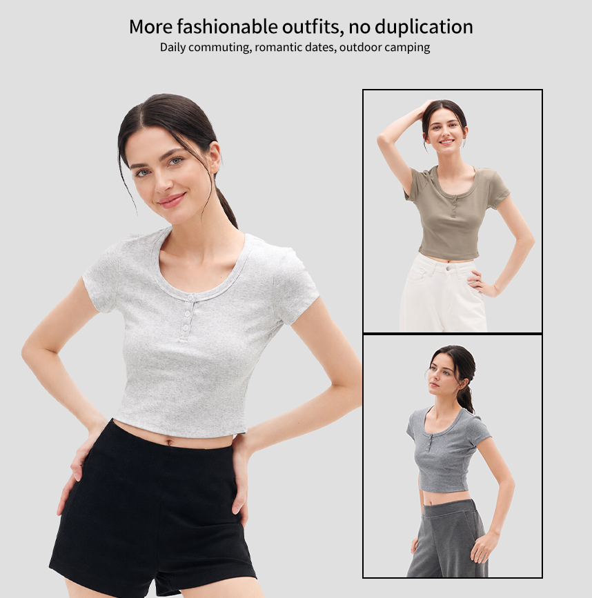 Women's Soft Stretch Cotton Short Sleeve Crew Neck Button Top