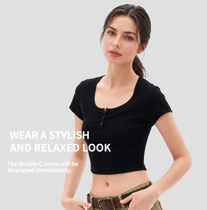 Women's Soft Stretch Cotton Short Sleeve Crew Neck Button Top